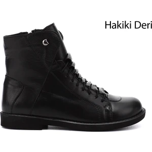 Kadın Siyah Fermuarlı Kauçuk Taban Hakiki Deri Bot