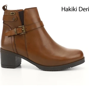 Gön Hakiki Deri Yuvarlak Burun Topuklu Fermuarlı Tokalı Kadın Günlük Bot 48491