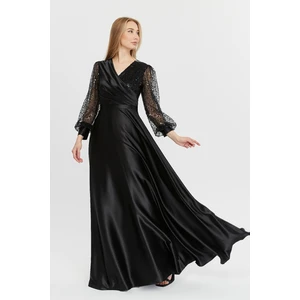 Kadın Abiye ve Mezuniyet Kruvaze Yaka Elbise Saten Kumaş ve Inci Boncuklu Tül Abiye Elbise