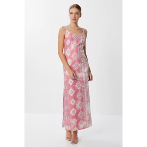Askılı Desenli Yırtmaçlı Örme Elbise LFF0035 Pembe
