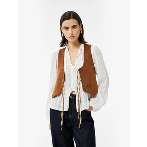 Slim Fit Önden Bağlama Detaylı Fiyonklu Suni Süet Crop Yelek