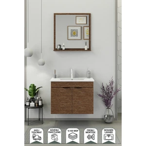 Fix Arya 75 Cm Banyo Dolabı,Seramik Lavabolu, Aynalı,Lavabo Dahil,Mdf,Aybe Kahve