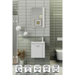 Minila 45 cm Banyo Dolabı,Seramik Lavabolu, Aynalı,Lavabo Dahil,Mdf,Mat Beyaz