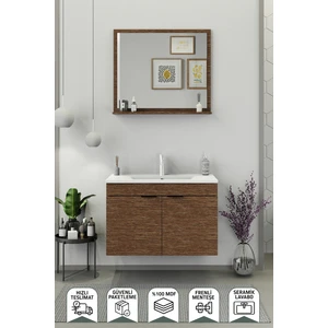Fix Arya 85 Cm Banyo Dolabı,Seramik Lavabolu, Aynalı,Lavabo Dahil,Mdf,Aybe Kahve