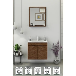 Fix Arya 65 Cm Banyo Dolabı,Seramik Lavabolu, Aynalı,Lavabo Dahil,Mdf,Aybe Kahve