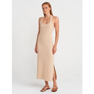91510 Halter Yaka Midi Elbise-Açık Bej