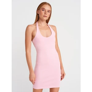 91508 Halter Yaka Mini Elbise-Toz Pembe