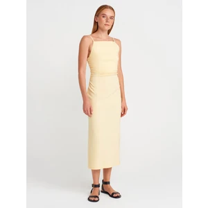 91479 Büzgülü Midi Elbise-Açık Sarı