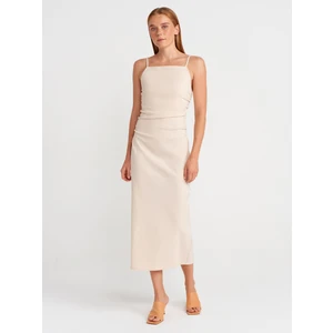 91479 Büzgülü Midi Elbise-Taş