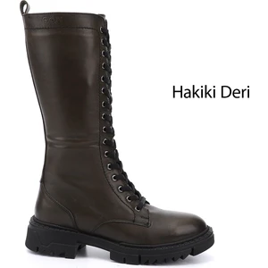 Kadın  Fermuarlı Kalın Topuklu Hakiki Deri Postal Çizme