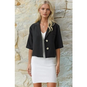 Kadın Siyah Kısa Kollu Şal Yaka Düğmeli Mevsimlik Keten Ayrobin Ceket HZL24S-BD107061
