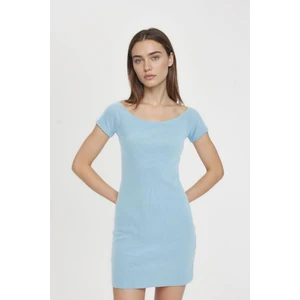 Coool Bodycon Vücuda Oturan Kayık Yaka Basic Düz Fitilli Kaşkorse Kısa Kollu Mini Elbise A7362AX24SM