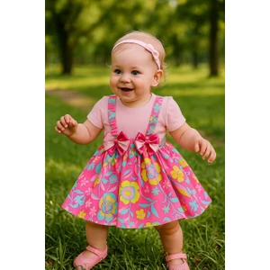 Bes Trend Çiçek Desen Çocuk Salopet Elbise Takım 2-6 Yaş