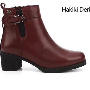 Kadın Antik Bordo Fermuarlı Kalın Topuklu Hakiki Deri Bot