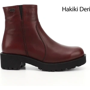 Kadın Antik Bordo Fermuarlı Kalın Topuklu Hakiki Deri Bot