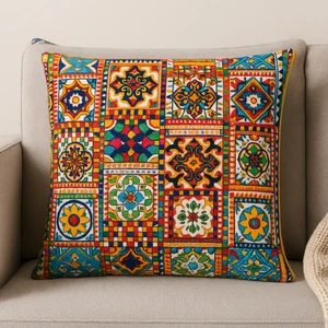 Renkli Desenli Dekoratif Yastık Kılıfı Çift Taraflı, Duck Kumaş, Fermuarlı