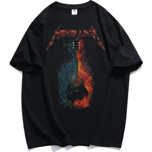 Fuddy Moda Unisex Oversize Gitarlı Metallica Baskılı Tişört, Rock-Metal Temalı T-Shirt