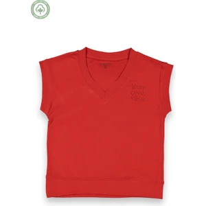Kız Çocuk Kırmızı Süveter Kaşkorse V Yakalı Kolsuz Triko