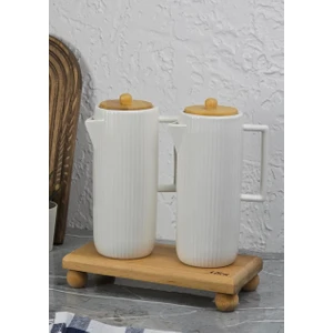 Porselen Yağdanlık Seti - Ahşap Stantlı 2X600 ml