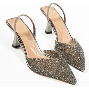 London Cam Kırıntıları Detay Arkası Açık Topuklu Ayakkabı