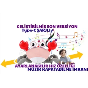 Boratila Toys Emeklemeye Yardımcı 3 Hız Kademeli Kapatıp Açılabilen Müzikli Sensörlü Şarjlı Yengeç Oyuncak (Sarı)