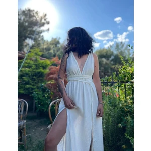 Beyaz Bohem Askılı Çapraz Sırt Bağlamalı Elbise