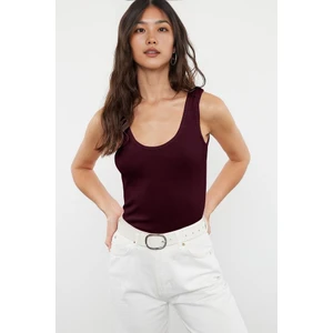 Bordo Fitted Havuz Yaka Fitilli Esnek Örme Atlet