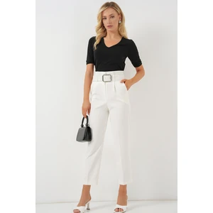 6556 Kemerli Kumaş Pantolon - Ekru