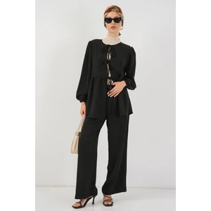Kadın Önü Bağcıklı Tunik Pantolon Ikili Takım 6744 - Siyah