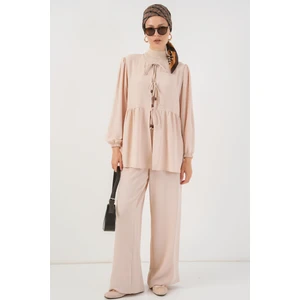 Kadın Önü Bağcıklı Tunik Pantolon Ikili Takım 6744 - Krem