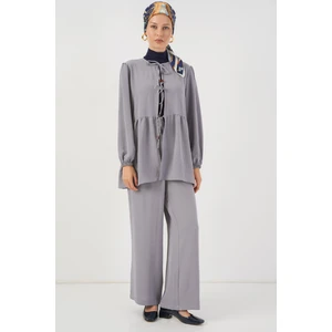Kadın Önü Bağcıklı Tunik Pantolon Ikili Takım 6744 - Gri