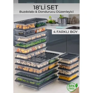 18’li Saklama Kabı Seti, Mikrodalga Uyumlu Erzak Saklama Kabı Antrasit 2x 2400ML 4X1170ML 4X1200ML 8X600ML