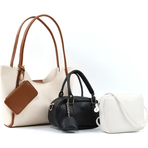 Krem-Taba/siyah/beyaz SHK238 Suni Deri El,kol ve Omuz 3'lü Çanta Seti (SHK108-SHK207-U23)