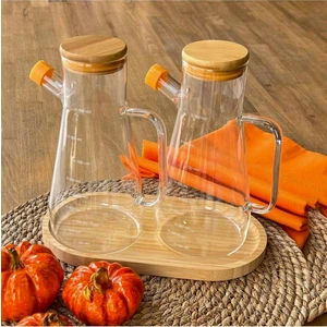 Ciho Bambu Kapaklı 3' Lü Borosilikat Altlıklı Cam Yağlık Sirkelik 900 ml