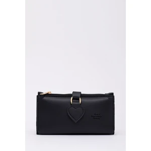 Siyah SHK65 Yumuşak Suni Deri Kalpli Çıtçıtlı Telefon Bozuk ve Kağıt Para Bölmeli Kartlıklı Cüzdan