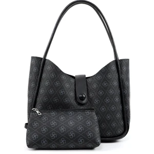 Monogram Baskılı Siyah SHK79 Deri Düğme Detaylı Çıtçıtlı Makyaj Çantalı Kol ve Omuz Çantası