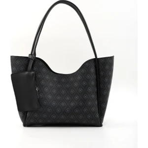 Monogram Baskılı Siyah SHK108 Çıtçıtlı Suni Deri Cüzdanlı Makyaj Çantalı Kadın El ve Omuz Çantası