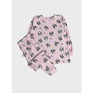 Kız Çocuk %100 Pamuklu Pembe Rakun Desenli Uzun Kollu Kışlık Pijama Takımı