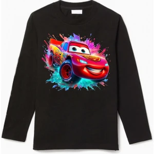 Uzun Kollu Şimşek Mcqueen Renkli Arkafon Baskılı Renkli Pamuklu Çocuk Tişört