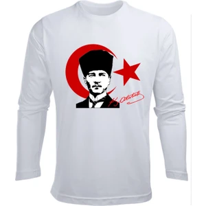 Uzun Kollu Atatürk Ve Bayrak Baskılı imzalı 29 Ekim cumhuriyet bayramı Pamuklu Yumuşak BEYAZ T-shirt