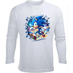 Uzun Kollu Koşan Sonic Baskılı Pamuklu Çocuk Tişört