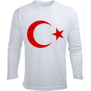 Uzun Kollu Ay-Yıldız Bayrak Baskılı 29 EKİM Baskılı Pamuklu BEYAZ Çocuk Tişört