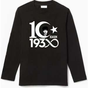 Uzun Kollu 10 Kasım Ay-Yıldız Atatürk ve Imzası Baskılı Pamuklu Çocuk Tişört