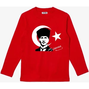 Uzun Kollu Atatürk Ve Bayrak Baskılı imzalı 29 Ekim cumhuriyet bayramı Pamuklu Yumuşak Kırmızı T-shirt