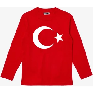 Uzun Kollu Ay-Yıldız Bayrak Baskılı 29 EKİM Baskılı Pamuklu Çocuk Tişört