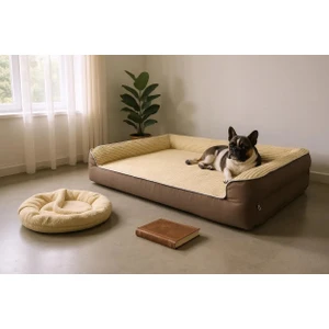 Premium Sofa Blok Sungerli Alezli Fermuarlı Yıkanabilir Köpek Yatağı S-Latte