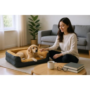 Premium Sofa Blok Sungerli Alezli Fermuarlı Yıkanabilir Köpek Yatağı-S-Hardalsiyah