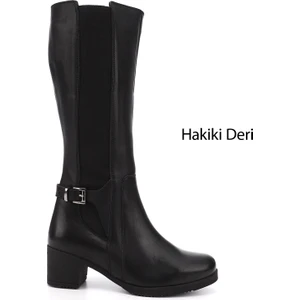 Kadın Siyah Fermuarlı Kalın Topuklu Hakiki Deri Çizme