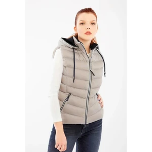 Kadın Ekru Kapüşonlu Şişme Yelek Kapüşon Içi Polar 5000