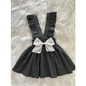 Eylülce Butik Kız Çocuk Siyah Beyaz Puantiye Desenli Beyaz Fiyonklu Fırfır Askılı Salopet Elbise (%100 Pamuk Kumaştan Dikilmiştir )